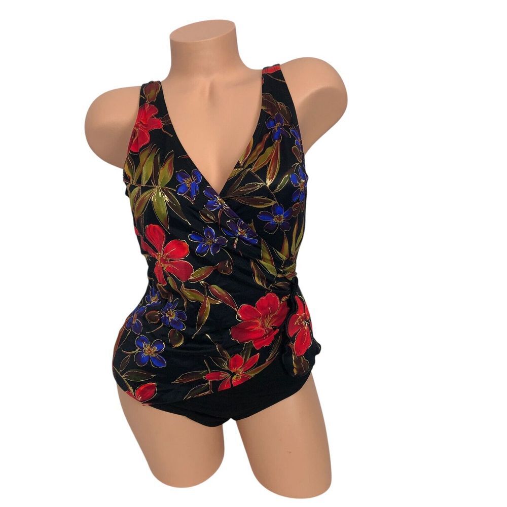 Vintage Robby Len‎ One Piece Swimsuit 12 Metallic Floral Print V-Neck Retro Boho